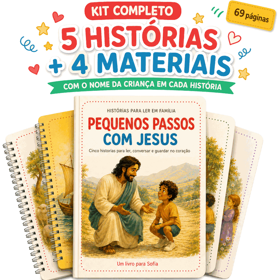 O livro Pequenos passos com Jesus com os quatro materiais que vêm junto: 5 histórias, 4 materiais, 69 páginas