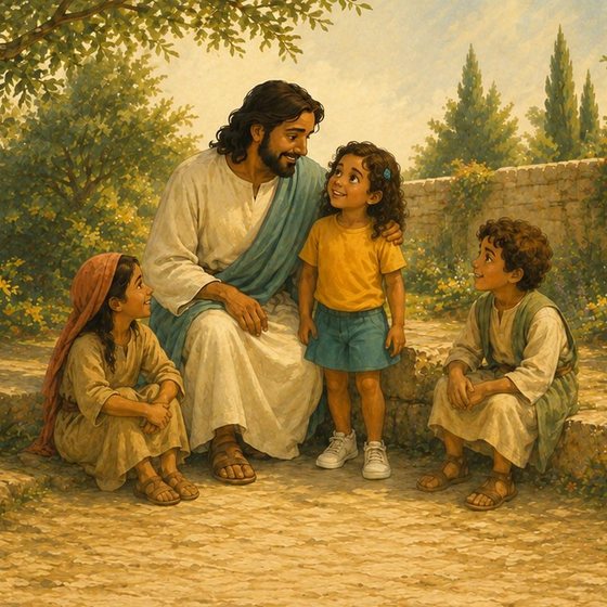 Jesus acolhendo uma menina e outras crianças