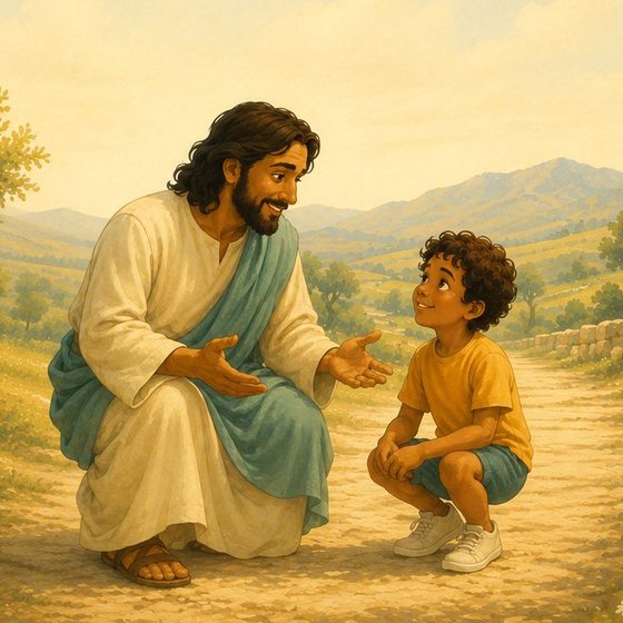 Jesus conversando com um menino no caminho