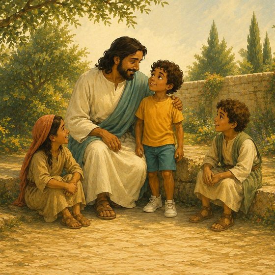 Jesus acolhendo um menino e outras crianças